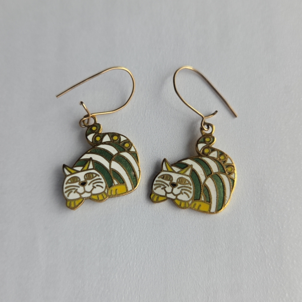 Vintage Aviva Enameled Cat Gold Tone- Green & Yellow Earrings